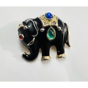 VTG Gold Tone Elephant Black Enamel w/ Red Green AB Rhinestones Brooch Pin 1 1/2